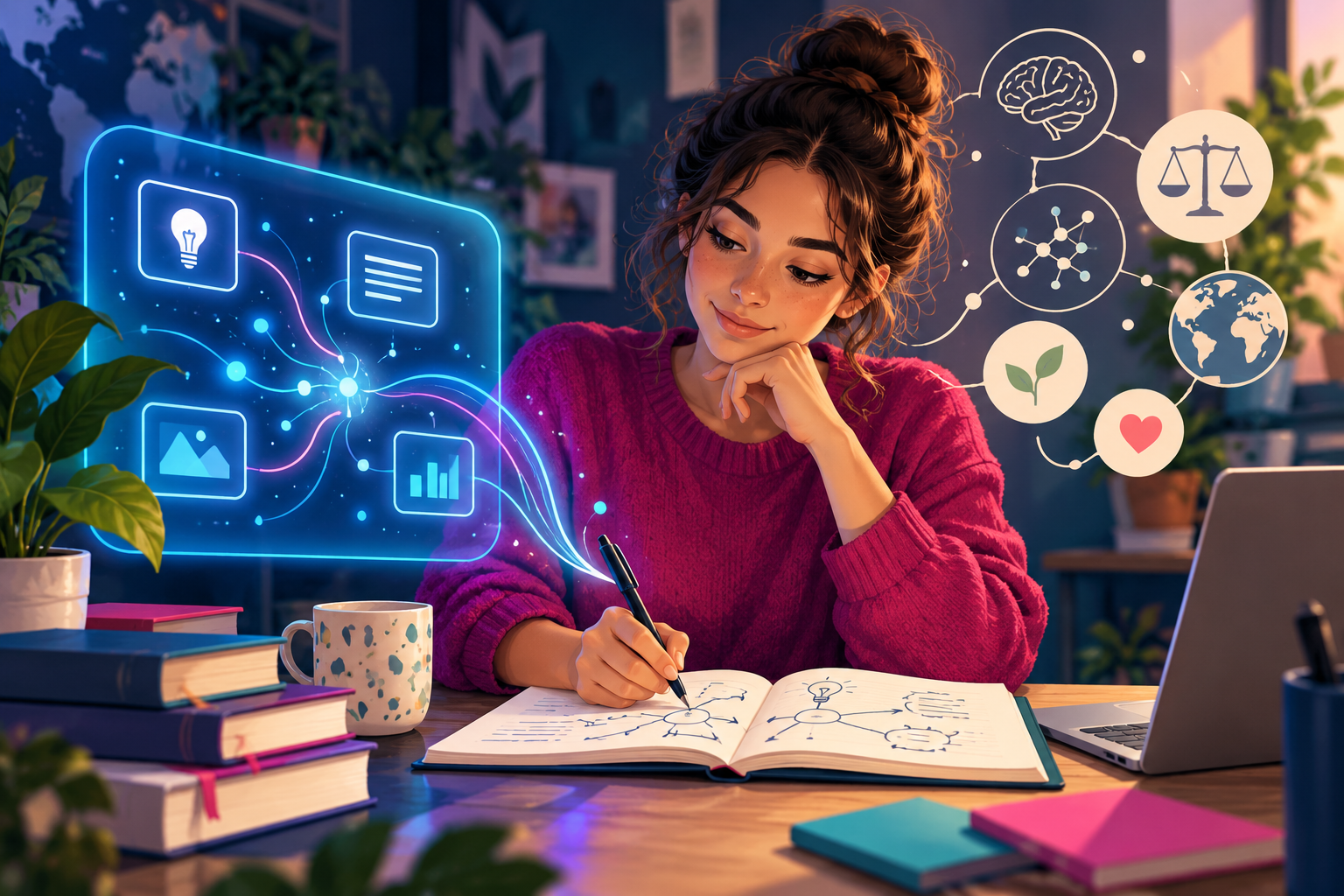Estudiante utilizando inteligencia artificial como apoyo para pensar y relacionar conocimientos