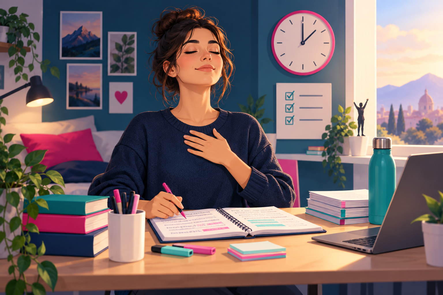 Estudiante respirando con calma mientras organiza sus apuntes antes de un examen